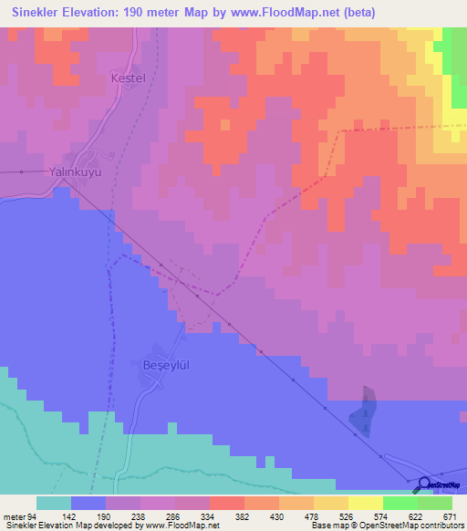 Sinekler,Turkey Elevation Map