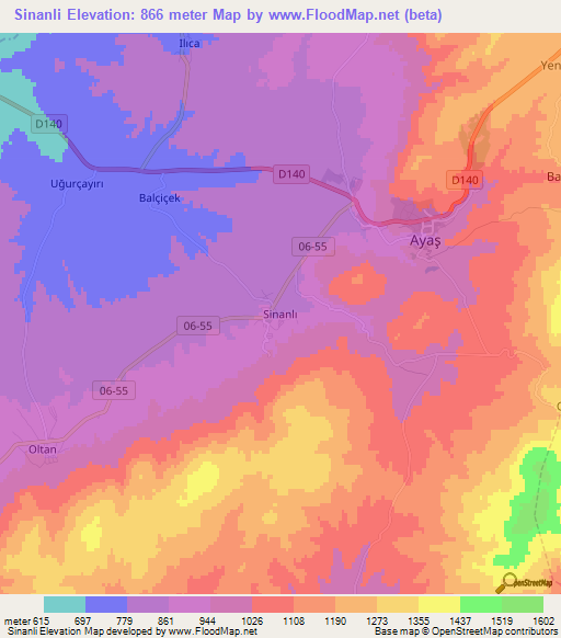 Sinanli,Turkey Elevation Map