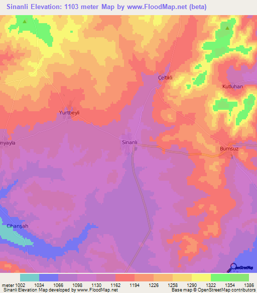 Sinanli,Turkey Elevation Map