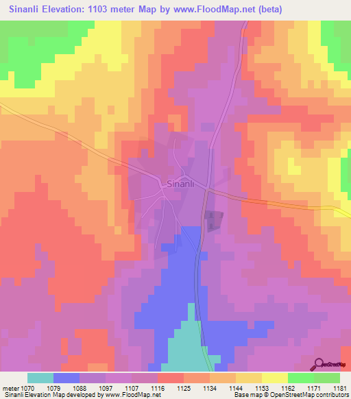 Sinanli,Turkey Elevation Map