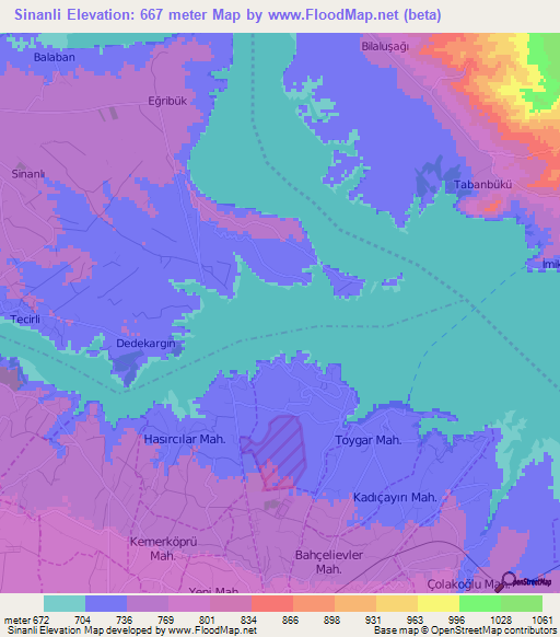 Sinanli,Turkey Elevation Map