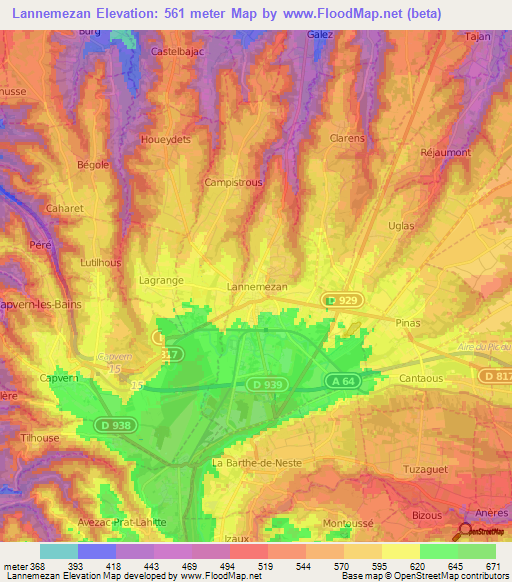 Lannemezan,France Elevation Map