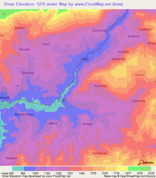 Sinan,Turkey Elevation Map