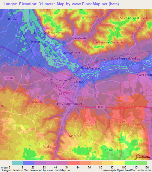 Langon,France Elevation Map