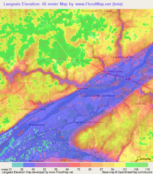 Langeais,France Elevation Map