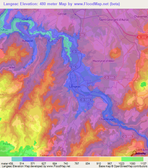 Langeac,France Elevation Map