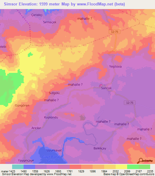 Simsor,Turkey Elevation Map