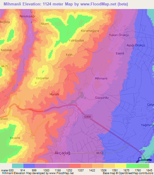 Mihmanli,Turkey Elevation Map