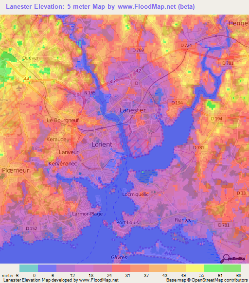 Lanester,France Elevation Map