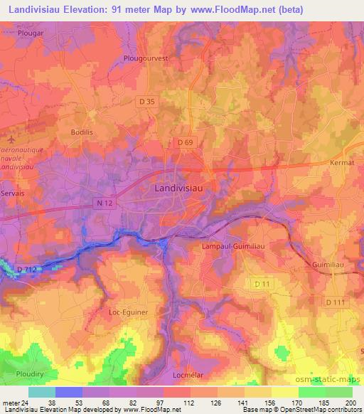 Landivisiau,France Elevation Map