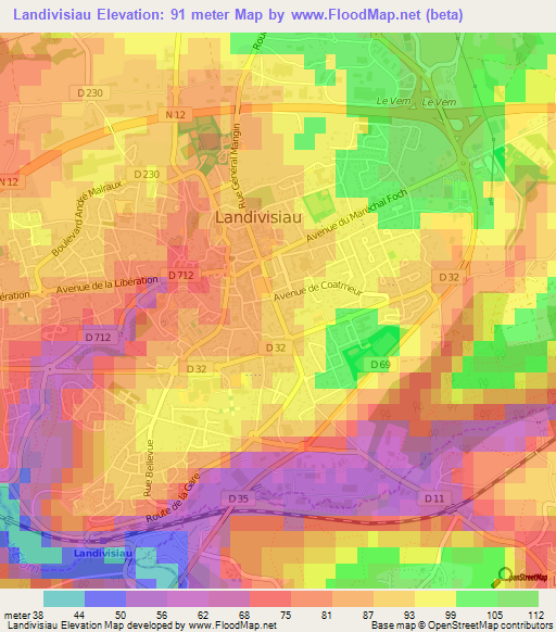 Landivisiau,France Elevation Map