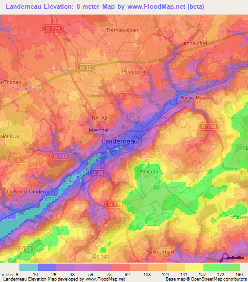 Landerneau,France Elevation Map