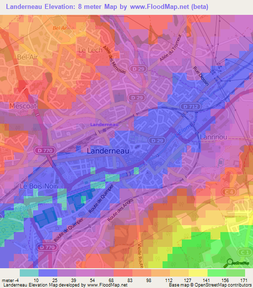 Landerneau,France Elevation Map