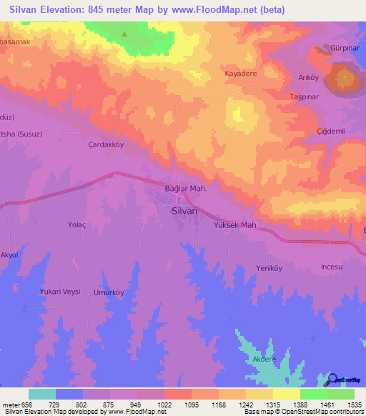 Silvan,Turkey Elevation Map