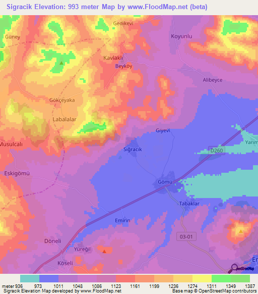 Sigracik,Turkey Elevation Map