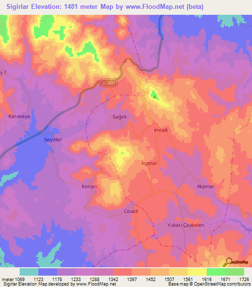 Sigirlar,Turkey Elevation Map