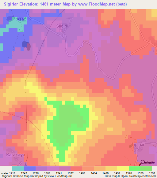 Sigirlar,Turkey Elevation Map