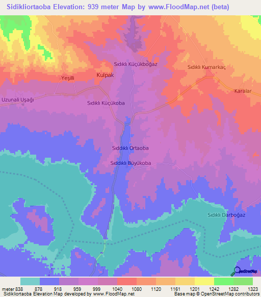 Sidikliortaoba,Turkey Elevation Map