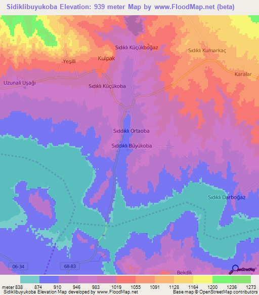 Sidiklibuyukoba,Turkey Elevation Map