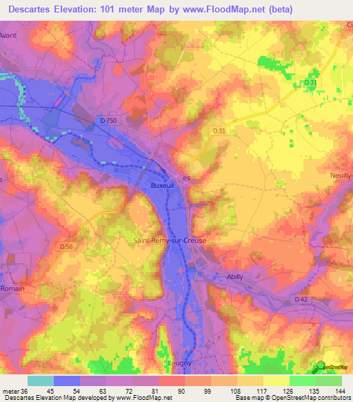 Descartes,France Elevation Map