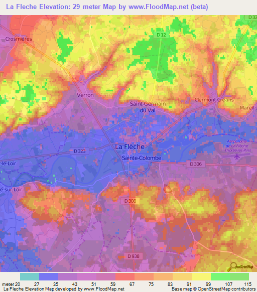 La Fleche,France Elevation Map