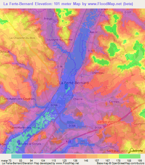 La Ferte-Bernard,France Elevation Map