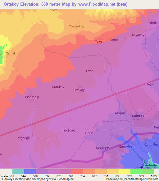 Ortakoy,Turkey Elevation Map