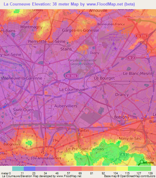 La Courneuve,France Elevation Map