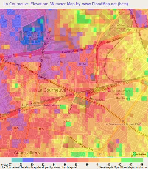 La Courneuve,France Elevation Map