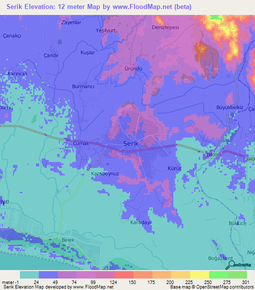 Serik,Turkey Elevation Map