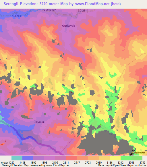 Serengil,Turkey Elevation Map