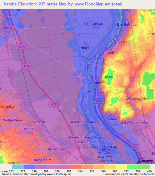 Kembs,France Elevation Map