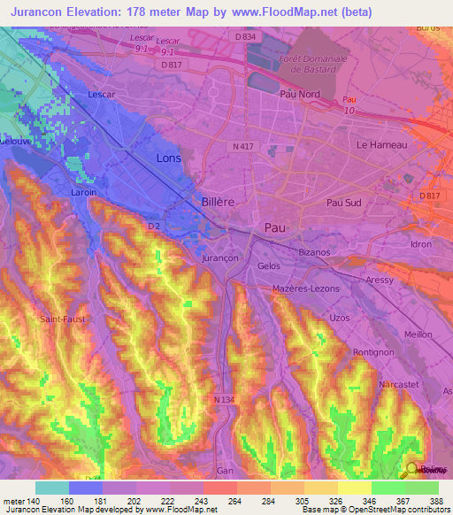 Jurancon,France Elevation Map