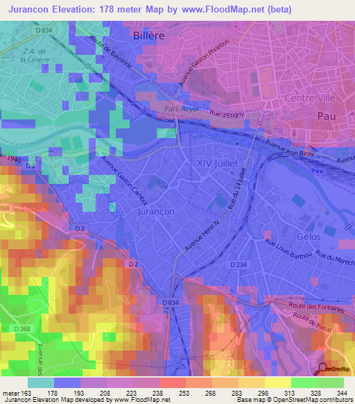 Jurancon,France Elevation Map