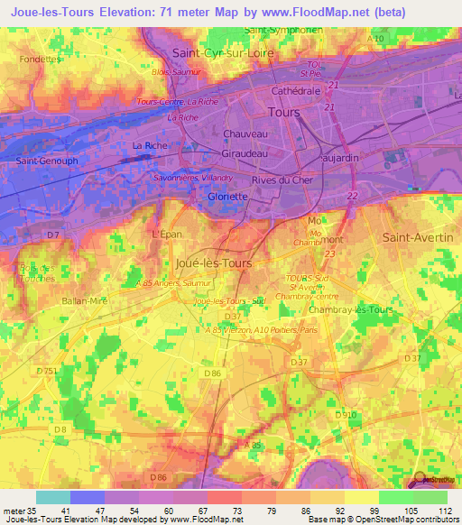 Joue-les-Tours,France Elevation Map