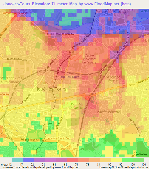 Joue-les-Tours,France Elevation Map