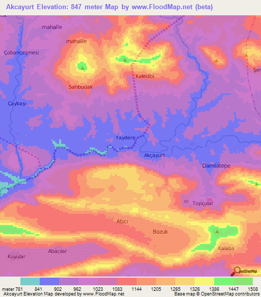 Akcayurt,Turkey Elevation Map