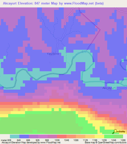 Akcayurt,Turkey Elevation Map