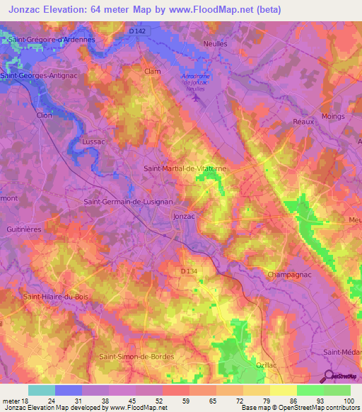 Jonzac,France Elevation Map