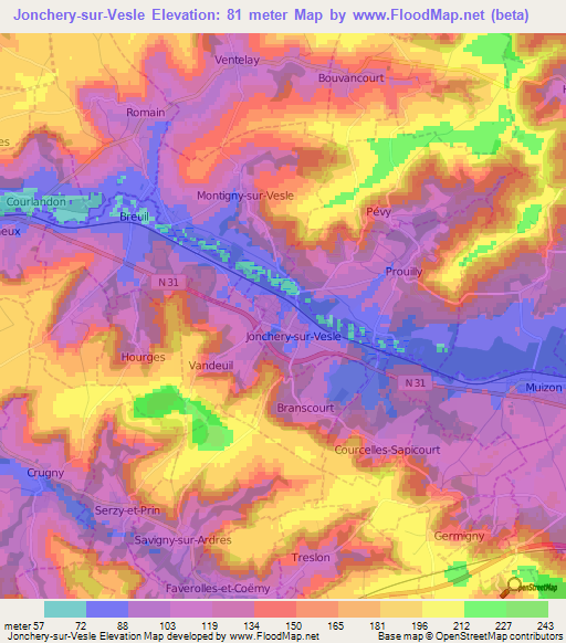 Jonchery-sur-Vesle,France Elevation Map