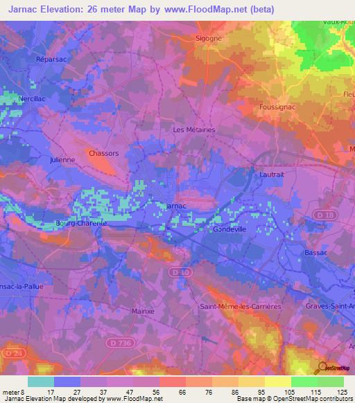 Jarnac,France Elevation Map