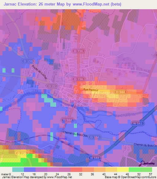 Jarnac,France Elevation Map