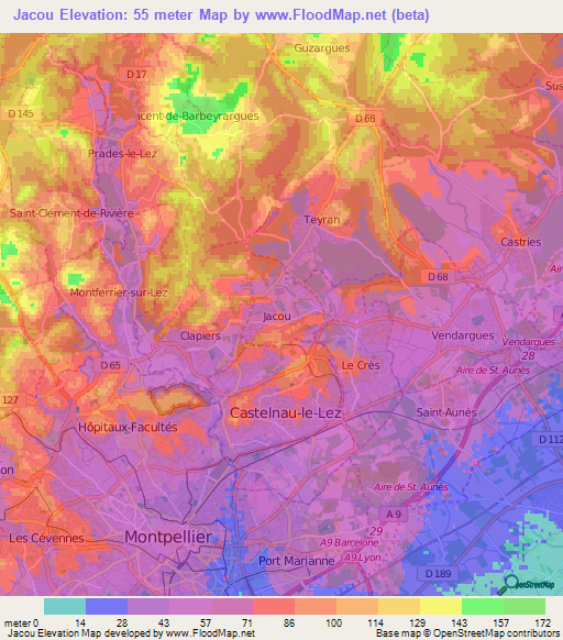 Jacou,France Elevation Map