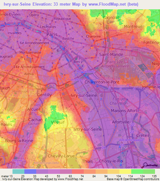 Ivry-sur-Seine,France Elevation Map