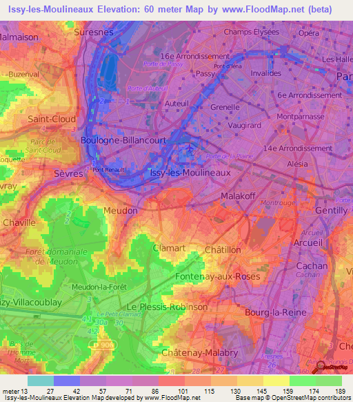 Issy-les-Moulineaux,France Elevation Map