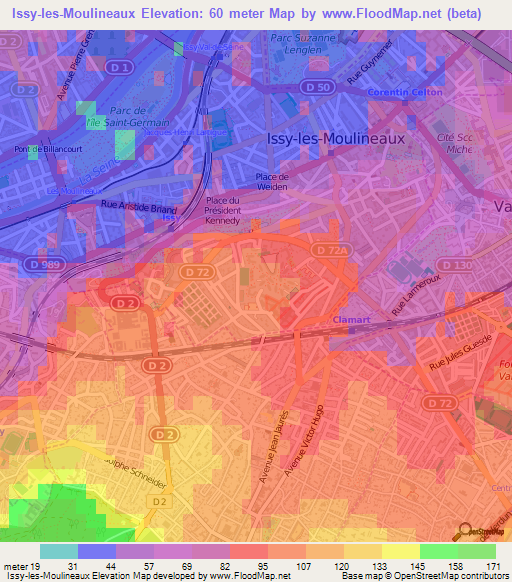 Issy-les-Moulineaux,France Elevation Map