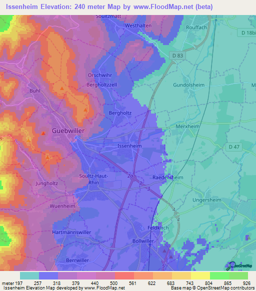 Issenheim,France Elevation Map