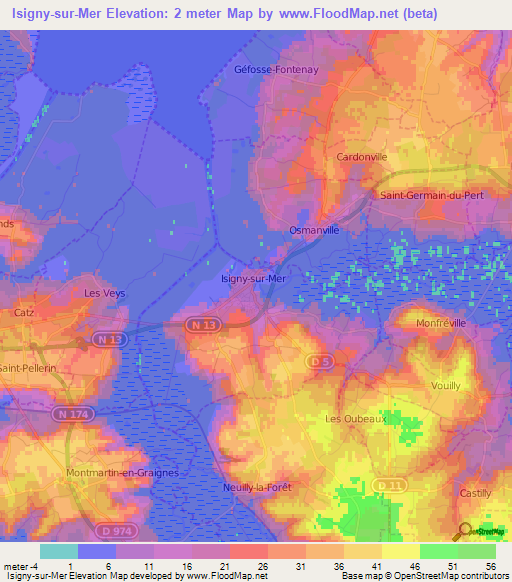 Isigny-sur-Mer,France Elevation Map