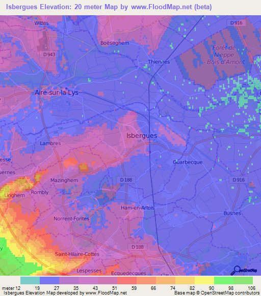 Isbergues,France Elevation Map