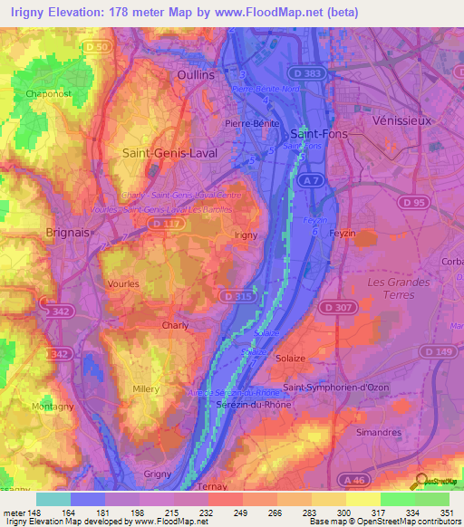 Irigny,France Elevation Map